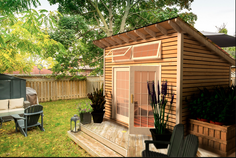 "Cabana"  From the site: This kit is ideal for anyone needing some extra space for something special.  Whether it's for a backyard office, an art studio, or just a place of your own to relax: pick a size, some options for finishes, and call a friend over to help you put it together.  Typical assembly time between 2-3 weekends, depending on the finish selections. See the Homebuilt site for size options and pricing.