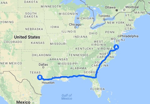 a map of bill young's planned tour, running from virginia to texas