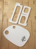 The initial expanded PVC tray design. Shown with supports prior to assembly.